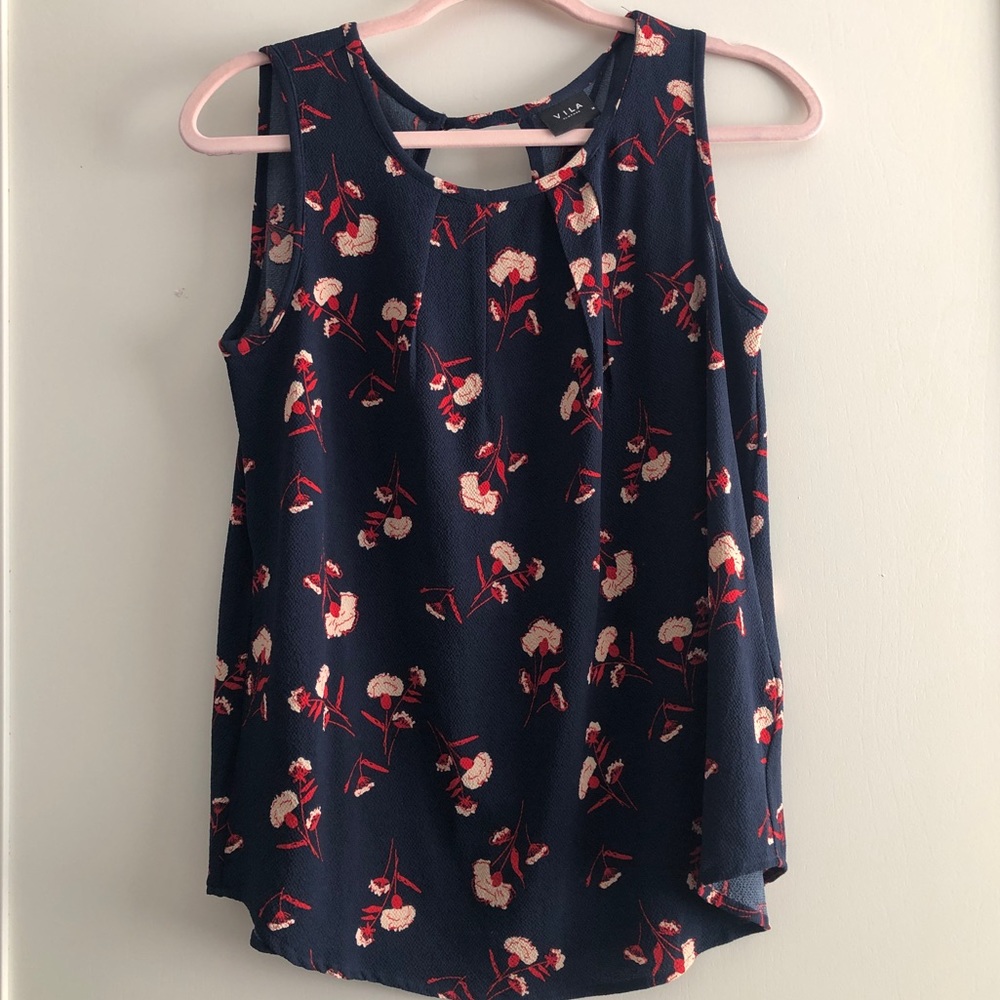 Villa Sleeveless Top - Navy Blue with Print